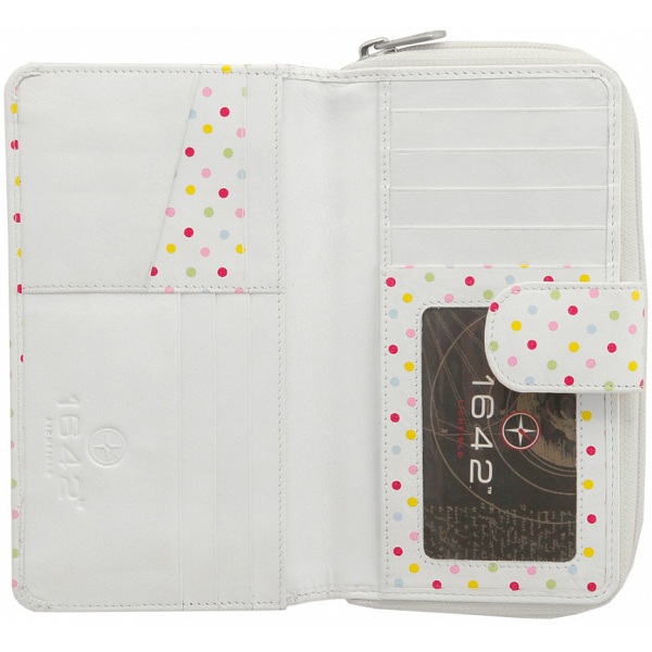 1642 Polka Dots Large Zip Around Leather Purse (White)