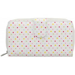 1642 Polka Dots Large Zip Around Leather Purse (White)