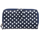 1642 Polka Dots Large Zip Around Leather Purse (Navy)