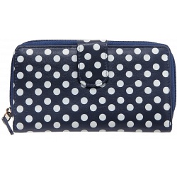 1642 Polka Dots Large Zip Around Leather Purse (Navy)