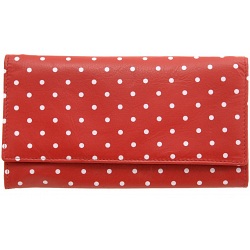 1642 Polka Dots Large Flap Over Leather Purse (Red)