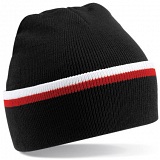 Beechfield Black / White / Red Stripe Knit Winter Beanie Cap