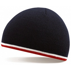 Beechfield French Navy / White / Red Stripe Winter Beanie Cap