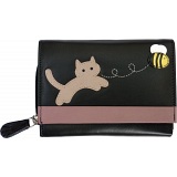 Ciccia Cat Chasing Buzzy Bee Medium Leather Tri-Fold Purse / Wallet