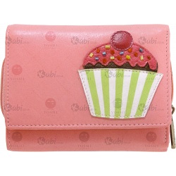 Yoshi Cupcake Applique Flap Over Leather Purse with Zip Coin Section