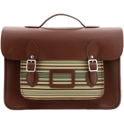 Yoshi Bixby Large Leather Satchel / Work Bag with Green Stripe Print